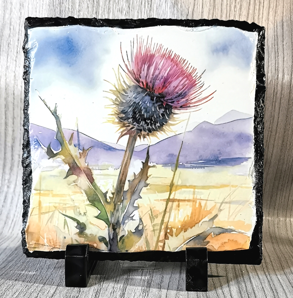 Purple Thistle Standing Slate Plaque 14cm x 14cm