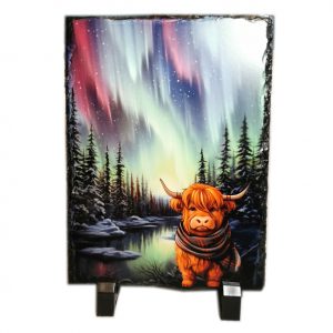 Aurora Highland Cow with Tartan Scarf 19cm x 14cm Slate Standing Plaque