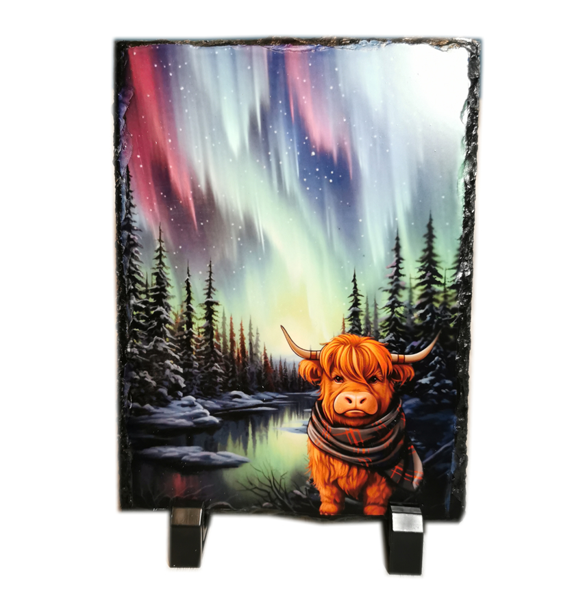 Aurora Highland Cow with Tartan Scarf 19cm x 14cm Slate Standing Plaque