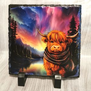 Aurora Highland Cow with Tartan Scarf Slate Standing Plaque