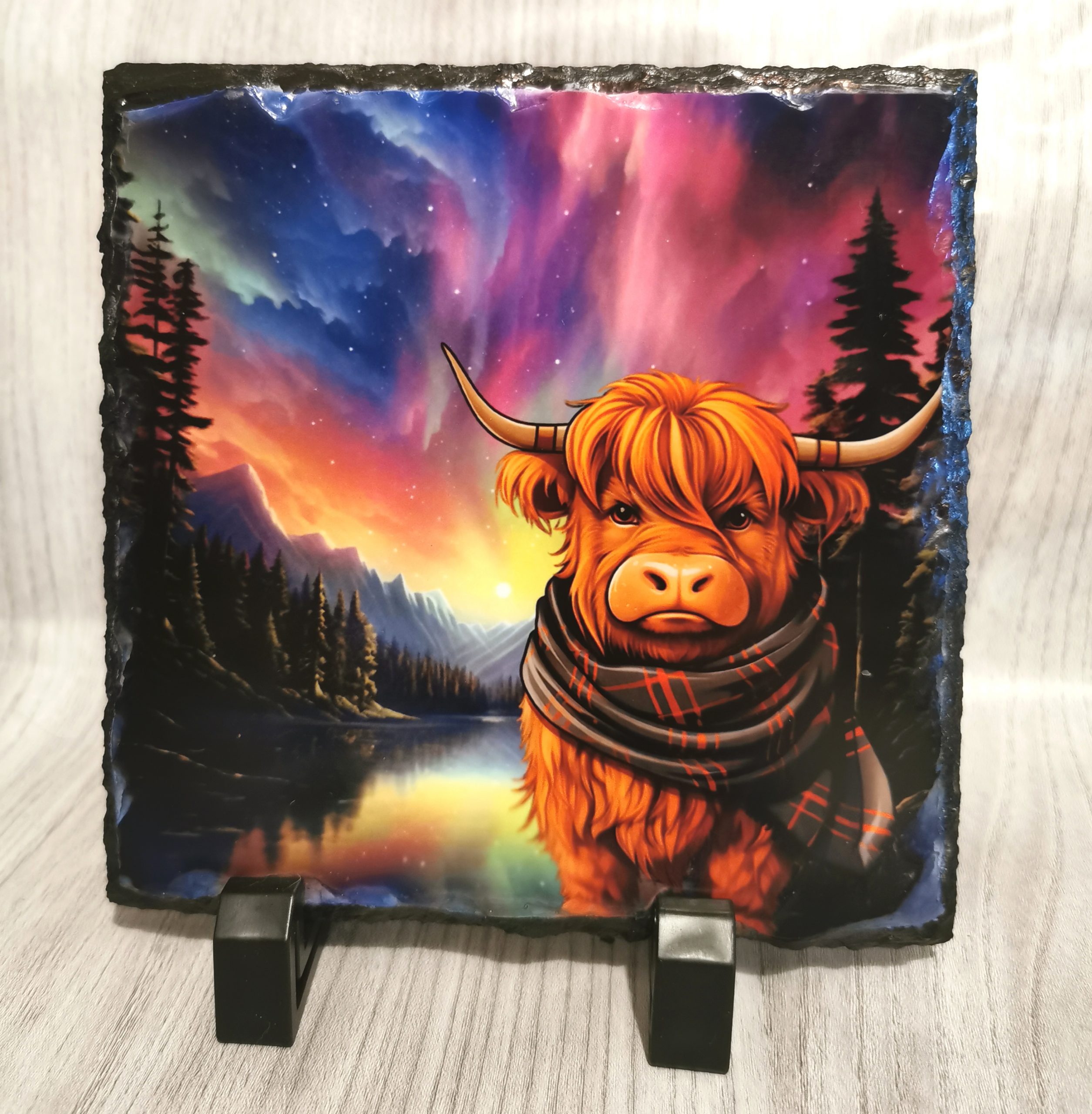 Aurora Highland Cow with Tartan Scarf Slate Standing Plaque