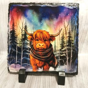 Aurora Highland Cow with Tartan Scarf Slate Standing Plaque