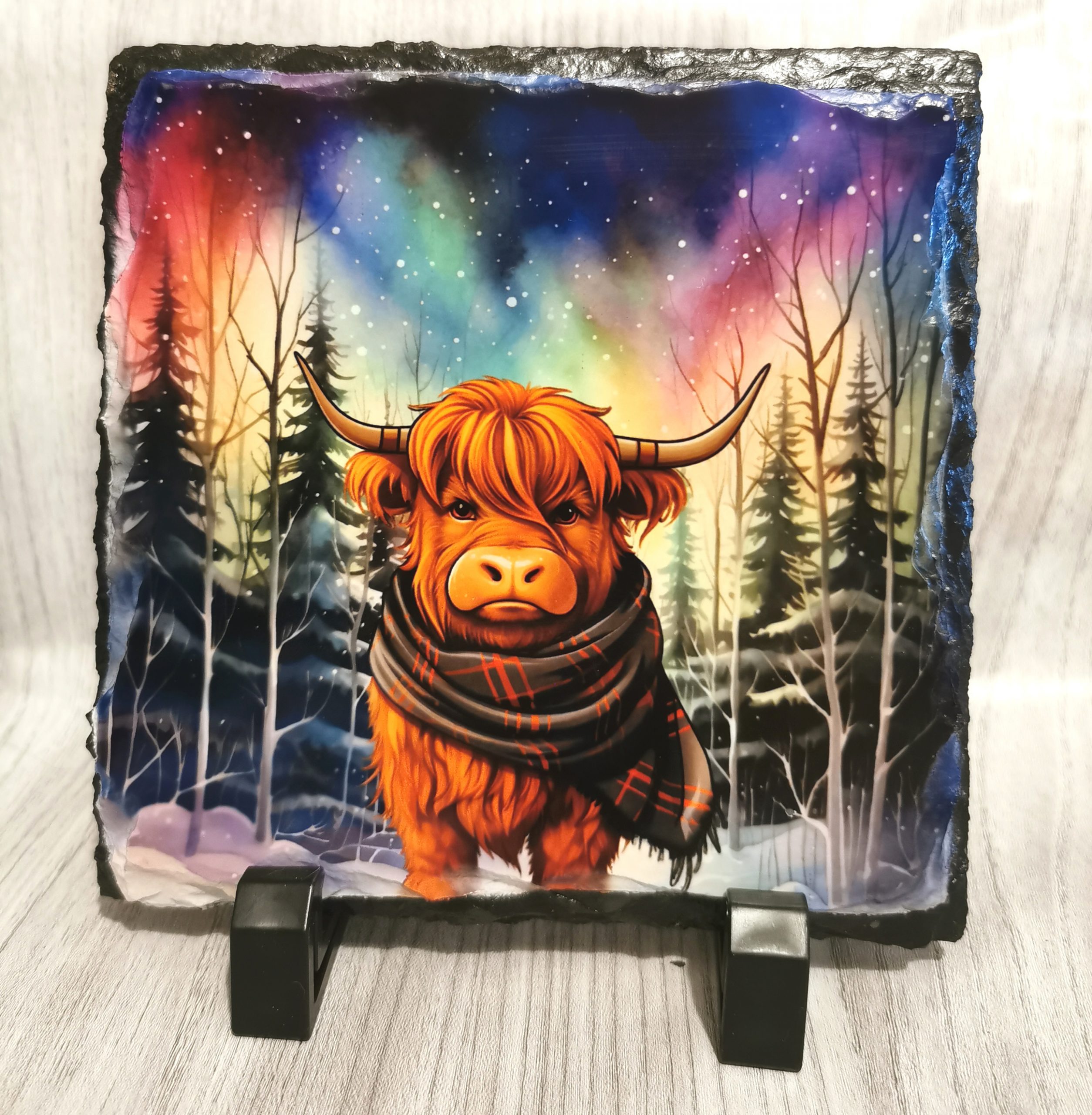 Aurora Highland Cow with Tartan Scarf Slate Standing Plaque