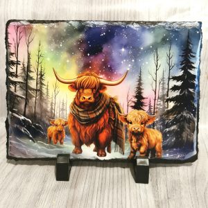 Aurora Highland Cow Family 19cm x 14cm Slate Standing Plaque