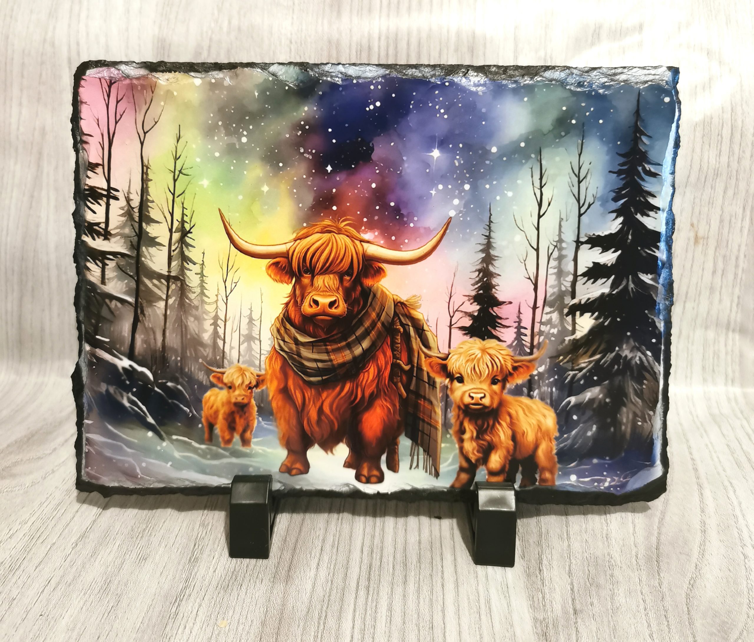Aurora Highland Cow Family 19cm x 14cm Slate Standing Plaque