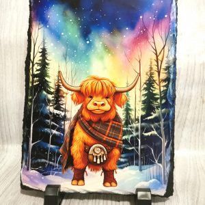 Aurora Highland Cow with Tartan Scarf 19cm x 14cm Slate Standing Plaque