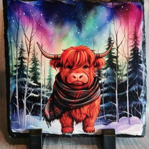 Aurora Highland Cow with Tartan Scarf Slate Standing Plaque