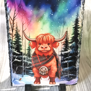 Aurora Highland Cow with Tartan Scarf 19cm x 14cm Slate Standing Plaque