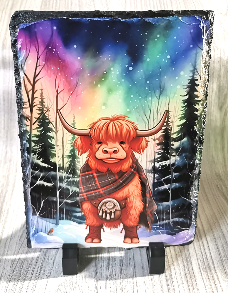 Aurora Highland Cow with Tartan Scarf 19cm x 14cm Slate Standing Plaque