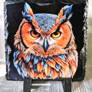 Owl on Black Standing Slate Plague 14cm x 14cm
