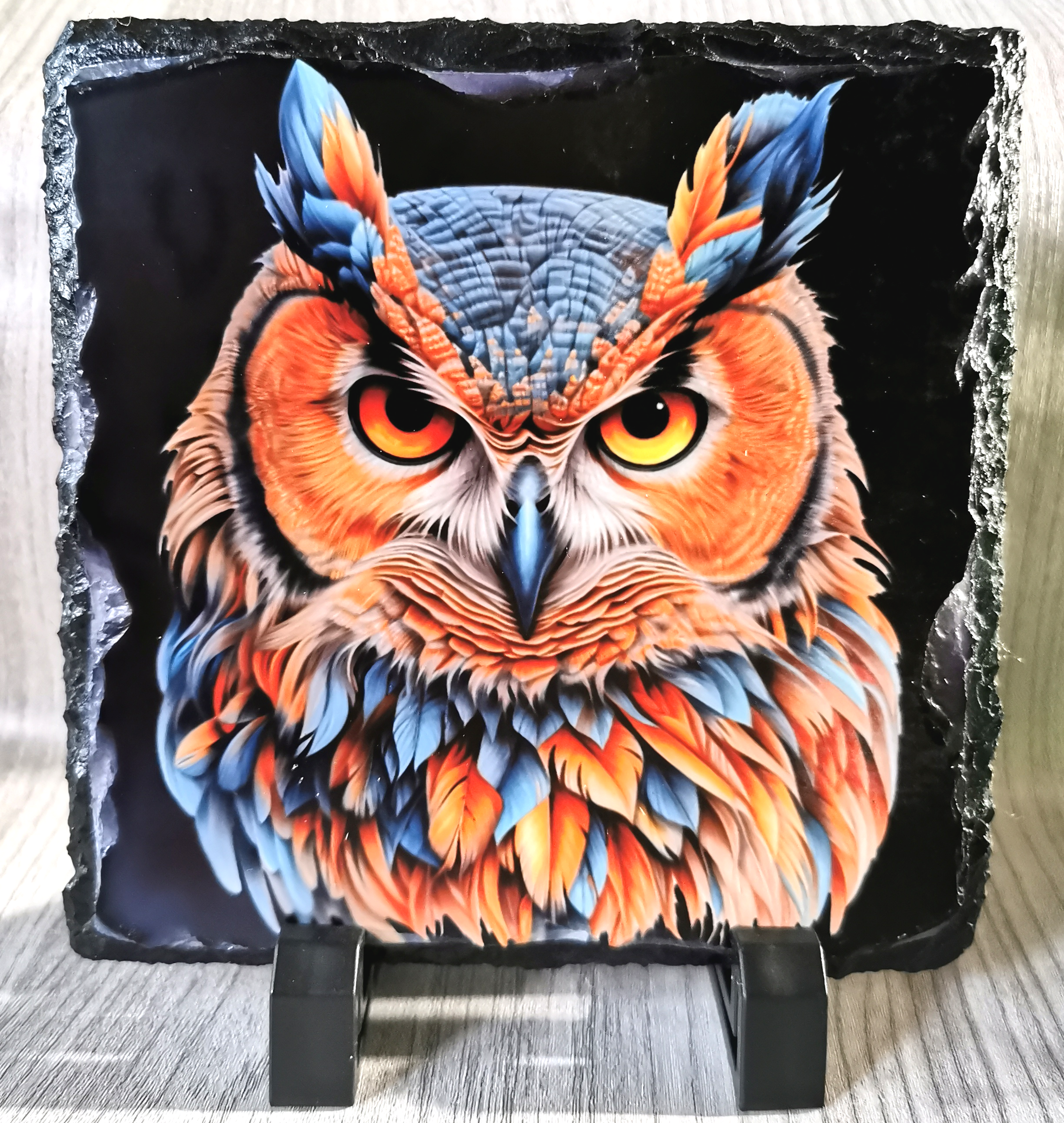 Owl on Black Standing Slate Plague 14cm x 14cm