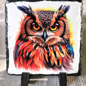 Owl on White Standing Slate Plague 14cm x 14cm